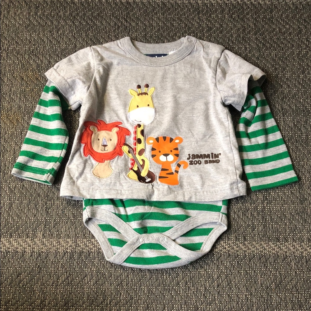 Grey & Green Striped Baby Bodysuit with Jungle Appliqués